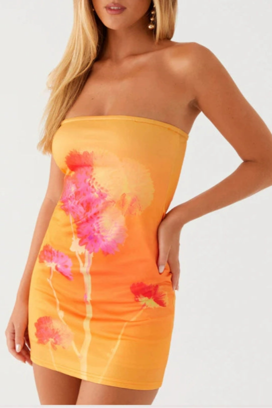 orange flower bandeau min dress