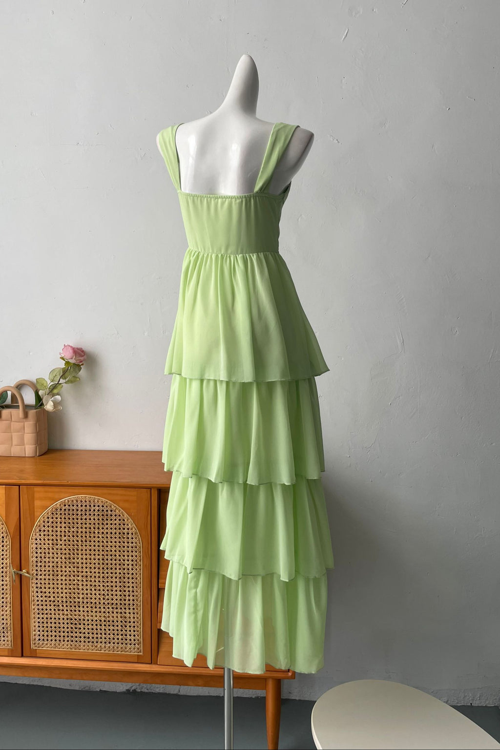green ruffle suspender midi dress