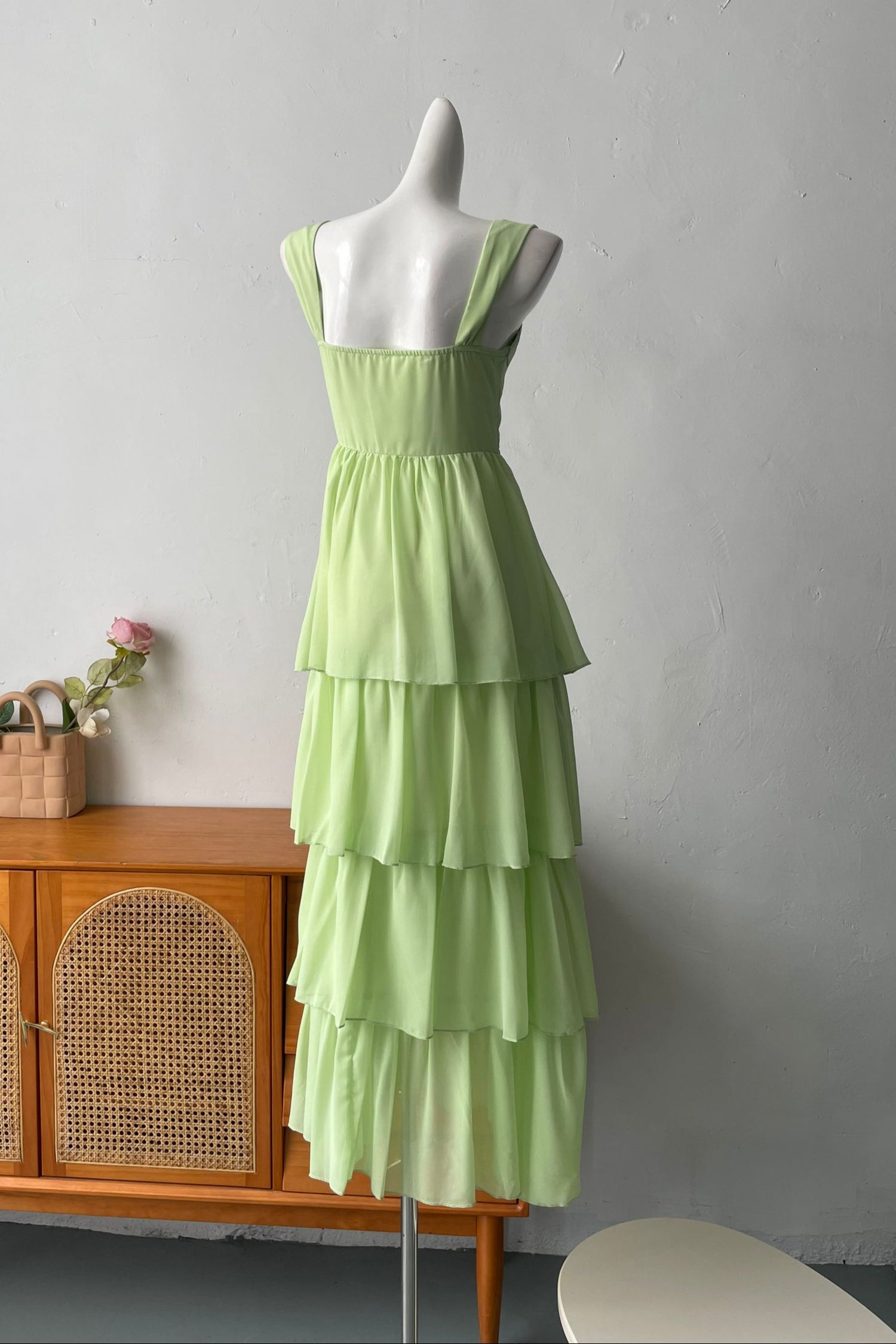 green ruffle suspender midi dress