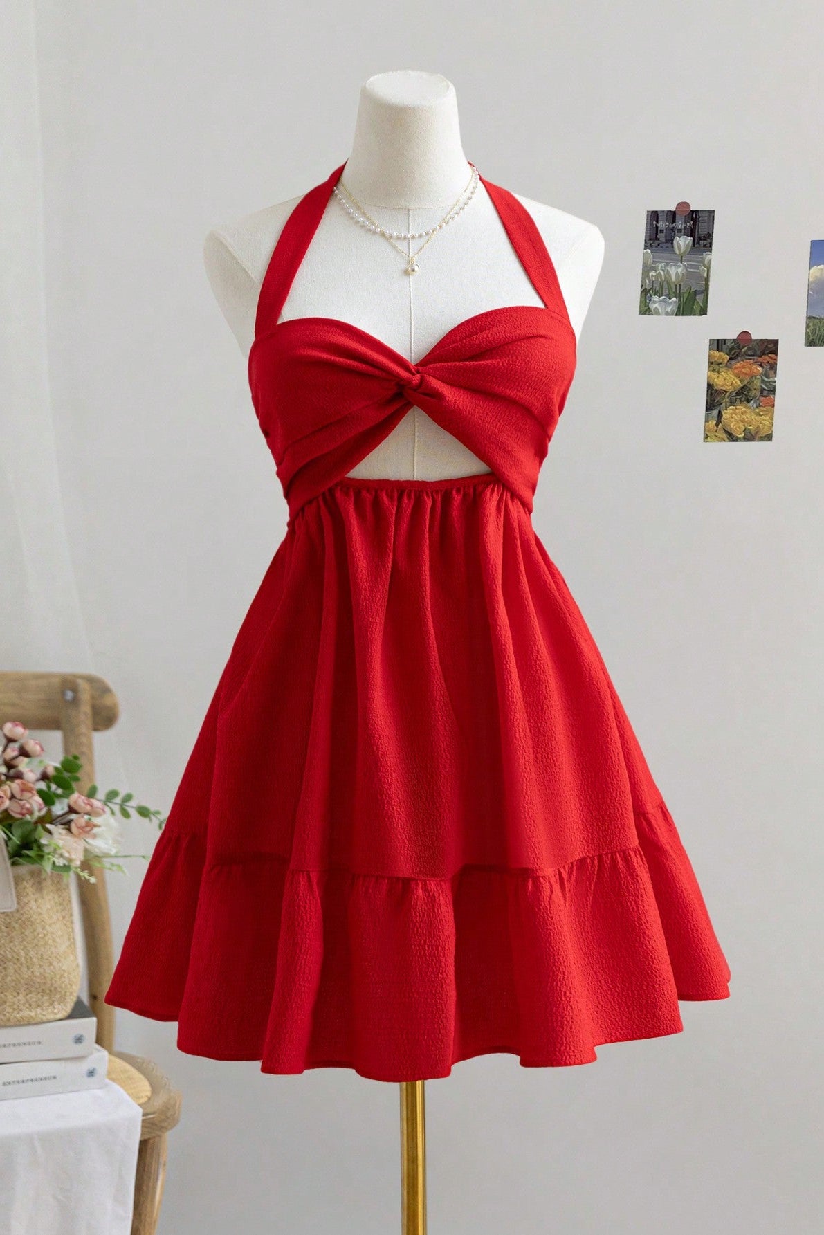 mona Red halter-neck backless mini dress