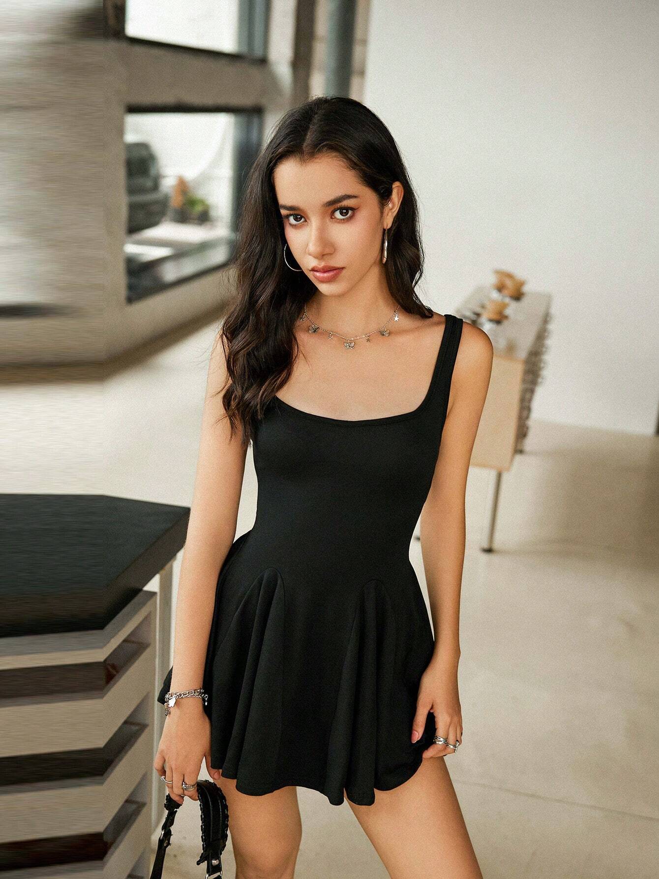 black Spaghetti strap fitted waist mini dress