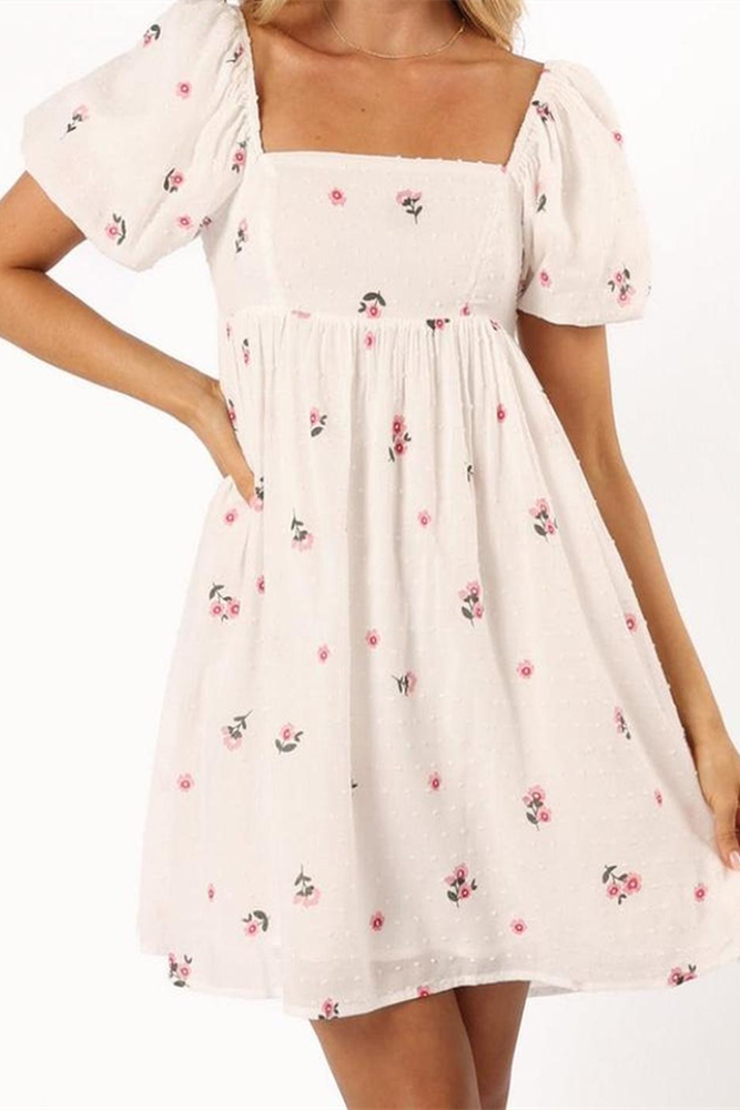flower embroidery puff sleeve mini dress