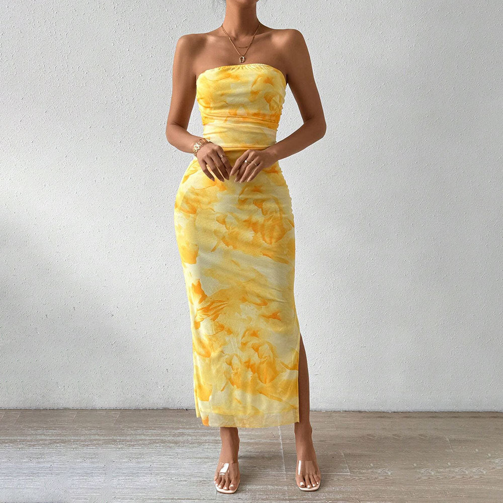 yellow Mesh Print High-Waisted Slit Strapless Bodycon maxi dress