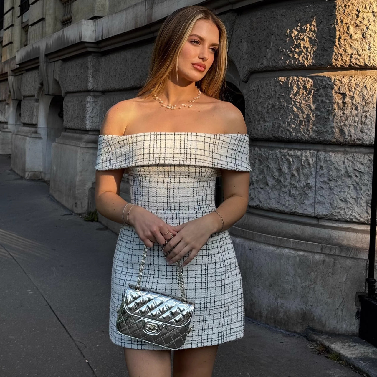 tight plaid A-line one-shoulder dress