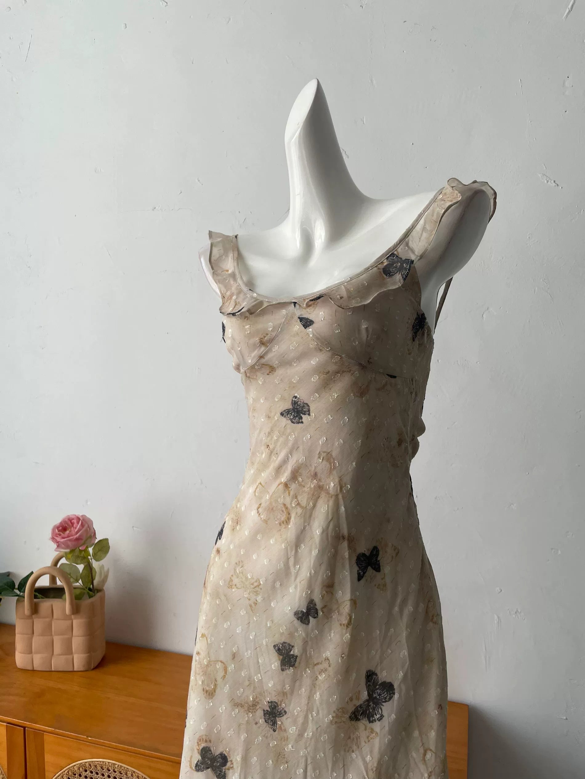 butterfly print camisole ruffled maxi dress