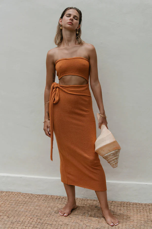orange cut-out backless bandeau lace-up knitted dress
