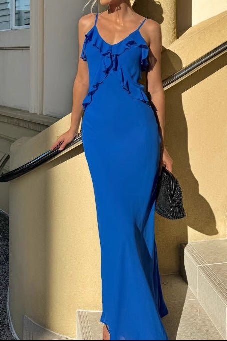 Ruffled sleeveless backless halter dress