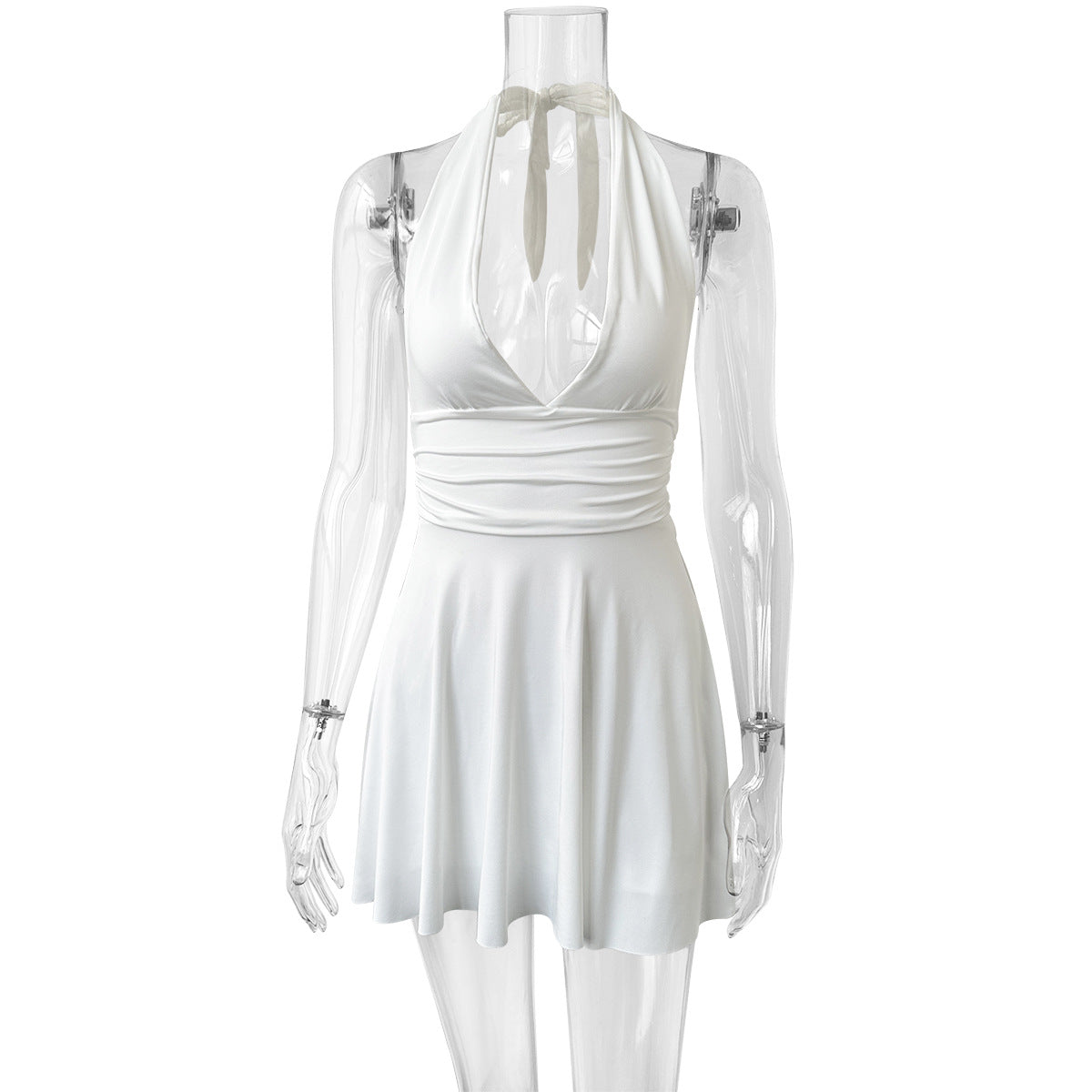 Lace-up V-neck tight pleated mini dress