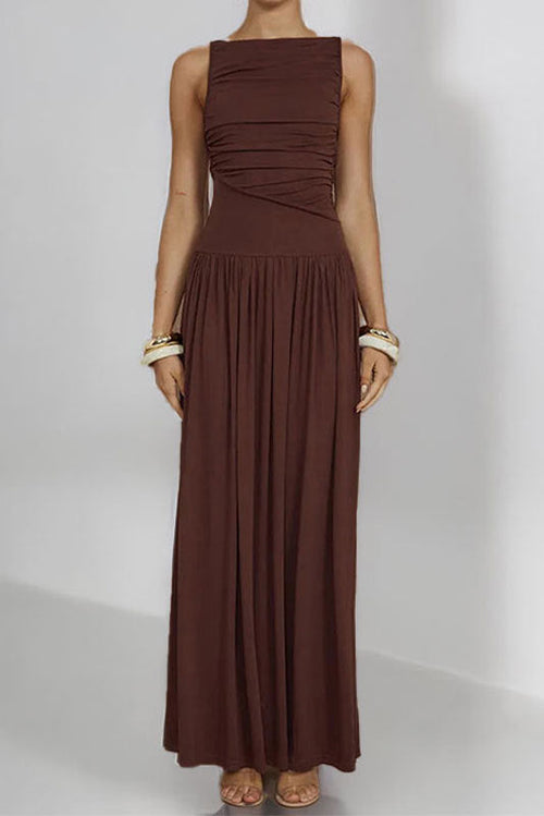 brown Pleated sleeveless maxi dress