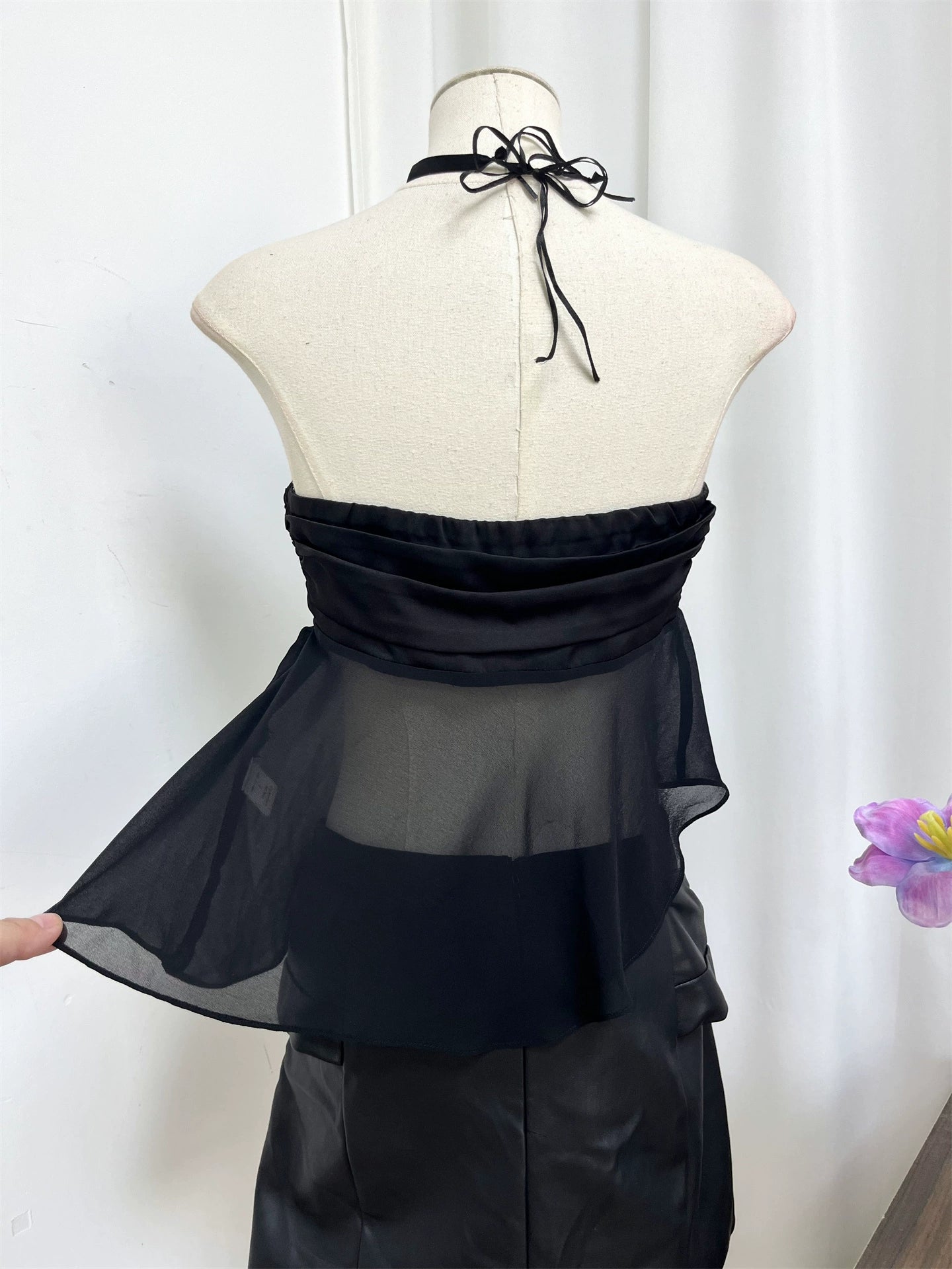 black satin chiffon splicing irregular hem bandeau