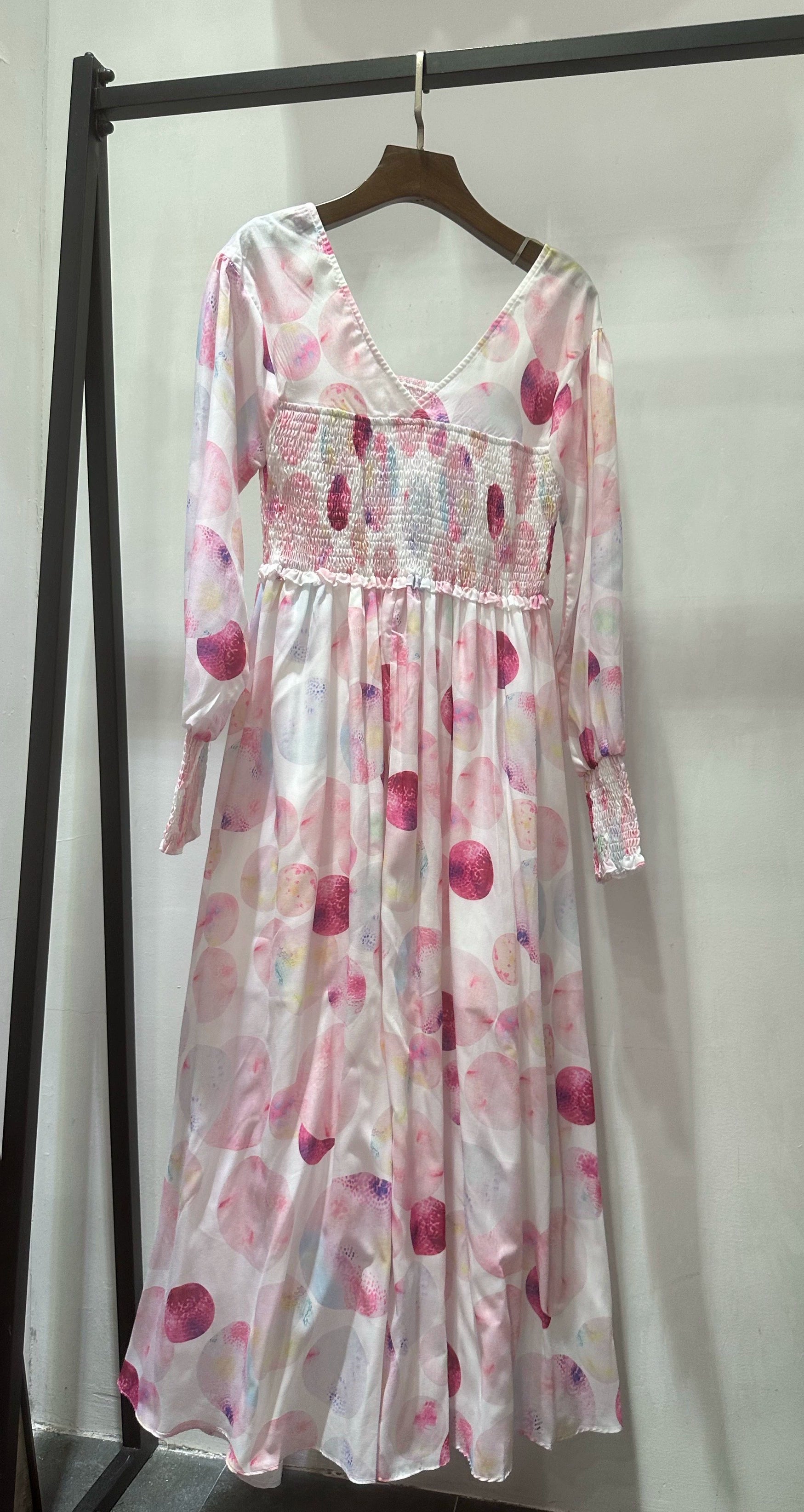 Pink Print V-Neck Elasticated Midi Dress