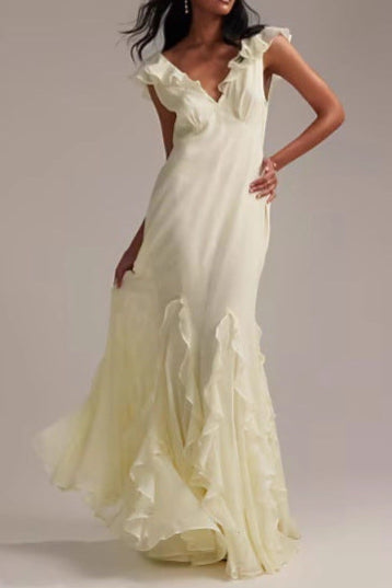 light yellow splicing ruffled maxi dress