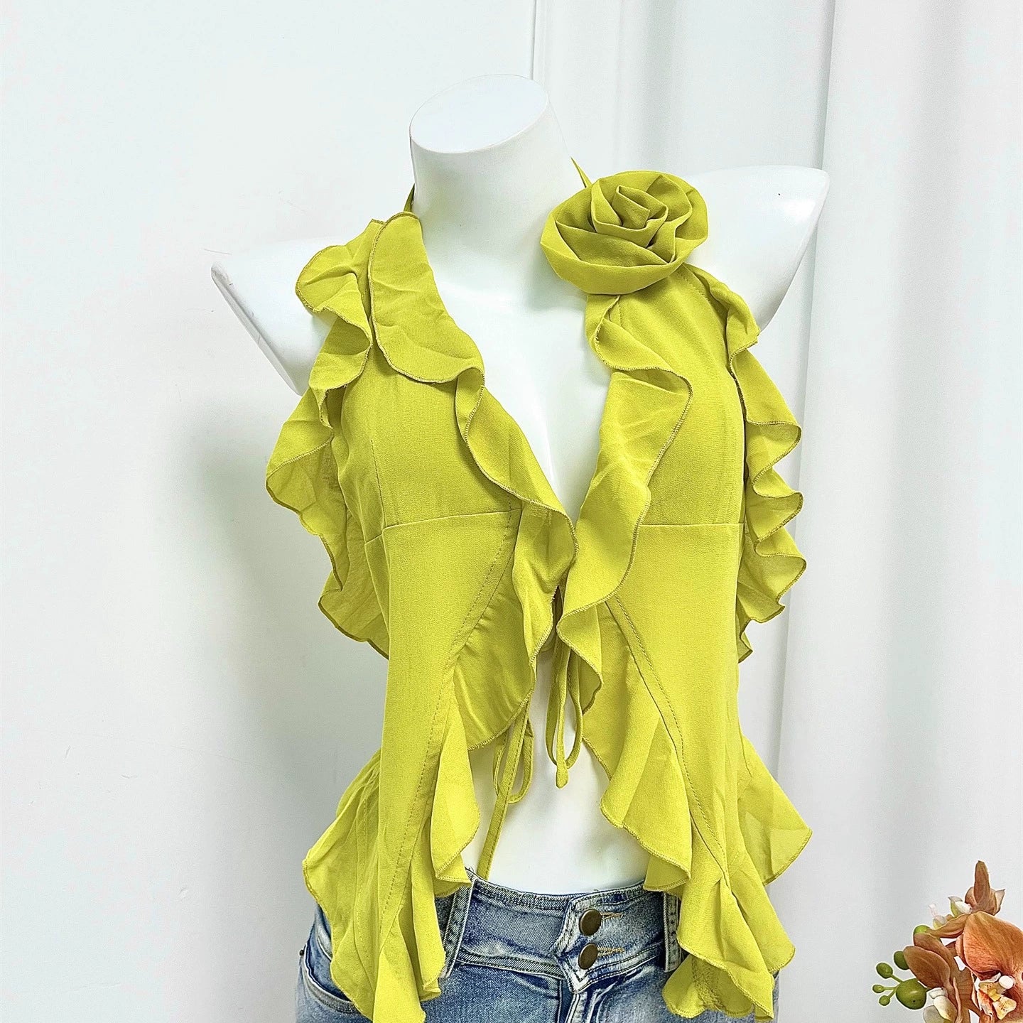 Yellow Chiffon Halterneck Ruffled Small Top