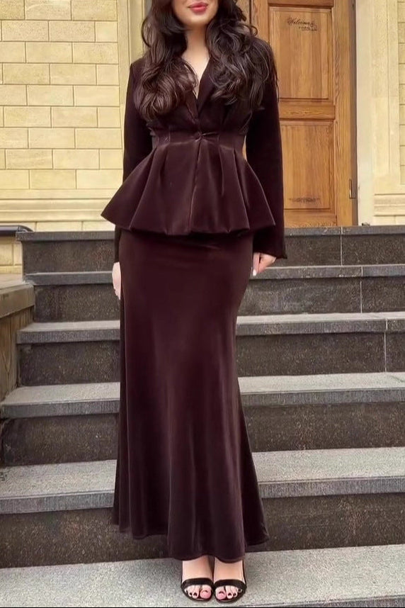 brown Long Sleeve Long Skirt Set