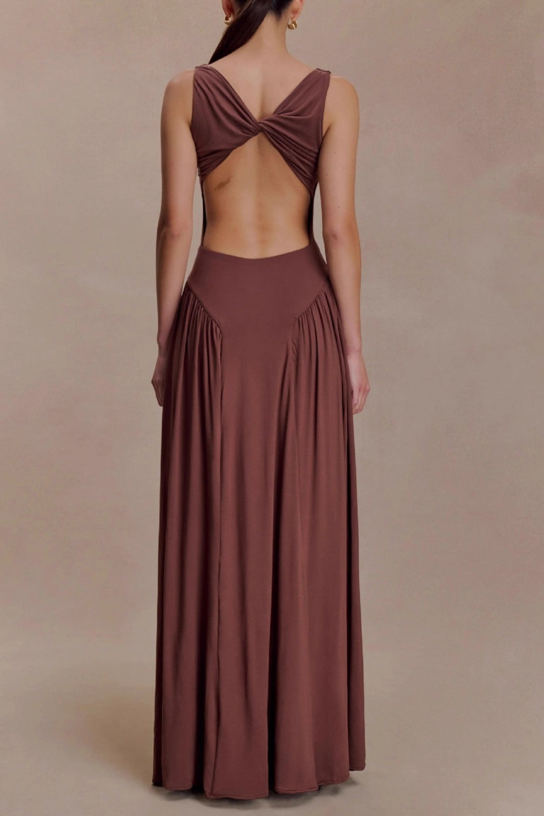 brown pleated one-line neck pleated open back dress