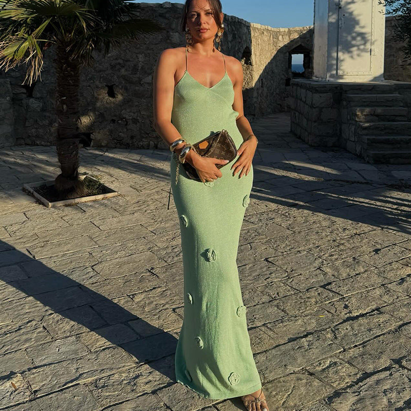 green three-dimensional flower backless dress