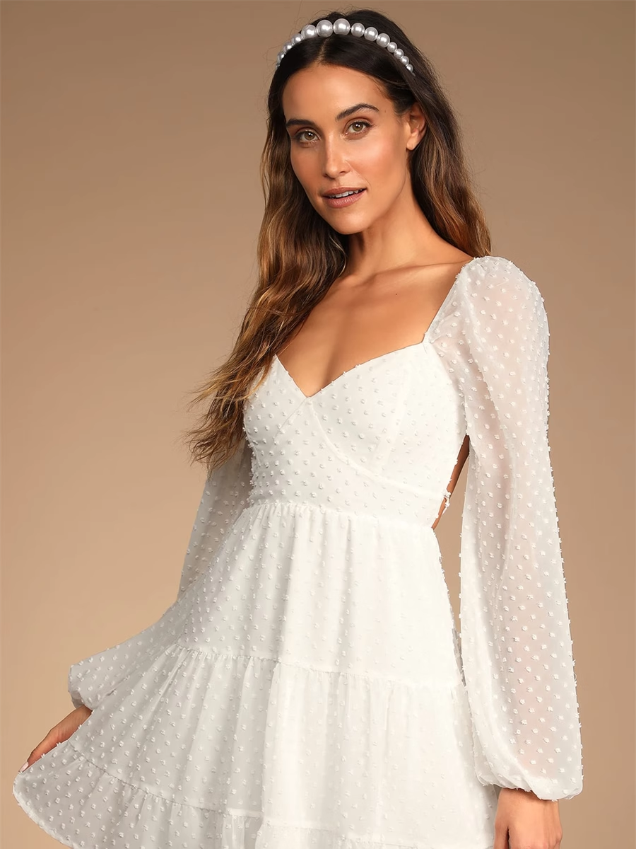 jacquard polka dot chiffon long sleeves open back dress