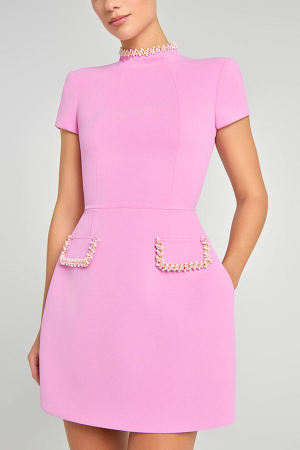 pink Round neck beaded mini dress