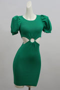 green hollow knitted mini dress