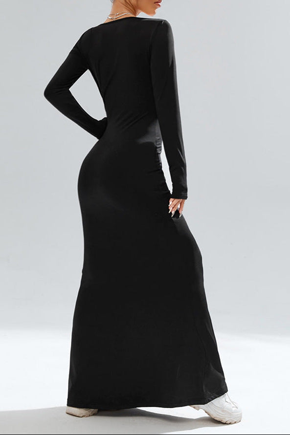 black Square neck knit long-sleeved bodycon maxi dress