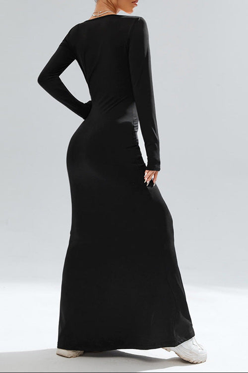 black Square neck knit long-sleeved bodycon maxi dress