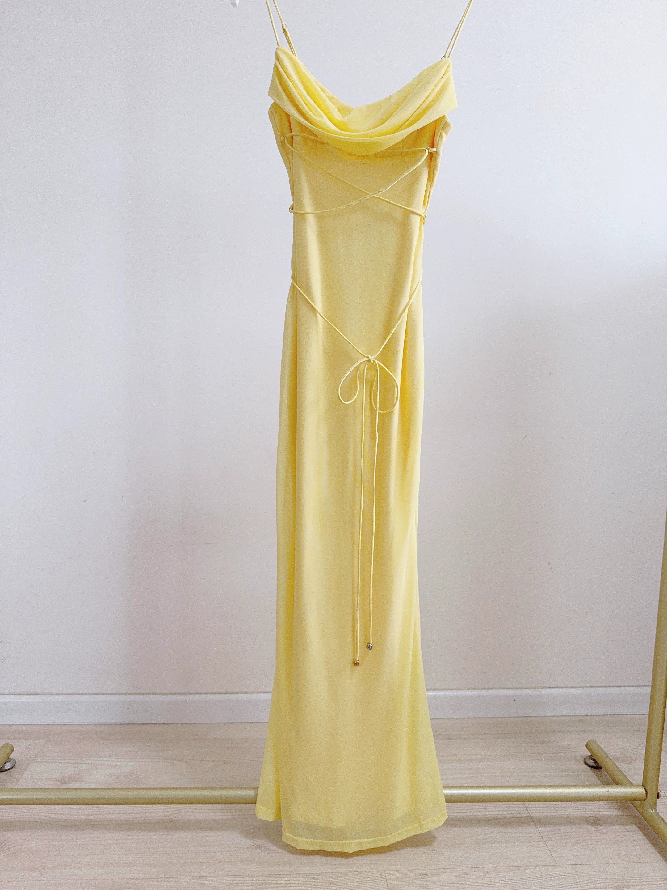 yellow mesh cross-strap suspender midi dress
