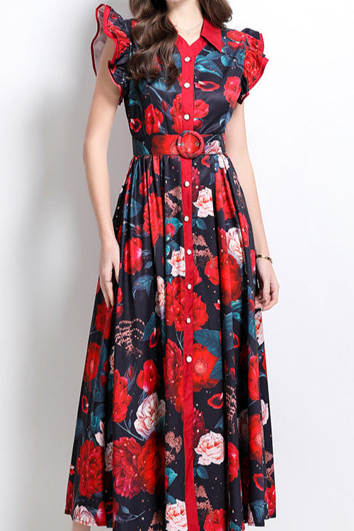 Printed ruffled sleeve collar single-breasted maxi dress