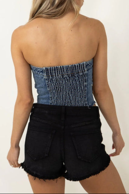8-button denim tube top in blue