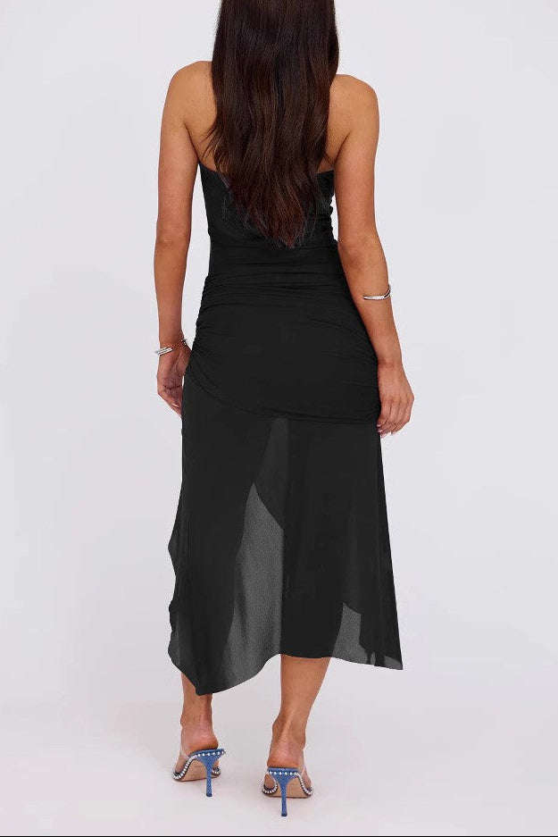 Strapless backless fitted mesh asymmetrical dress