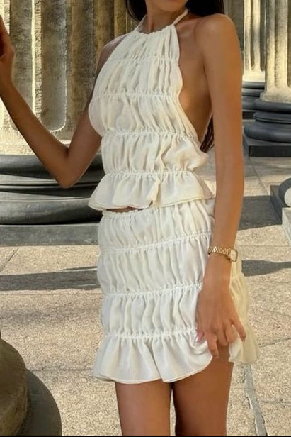 Halter-neck backless chiffon top and skirt set