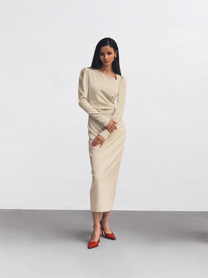 Irregular neckline puff sleeve bodycon slit dress