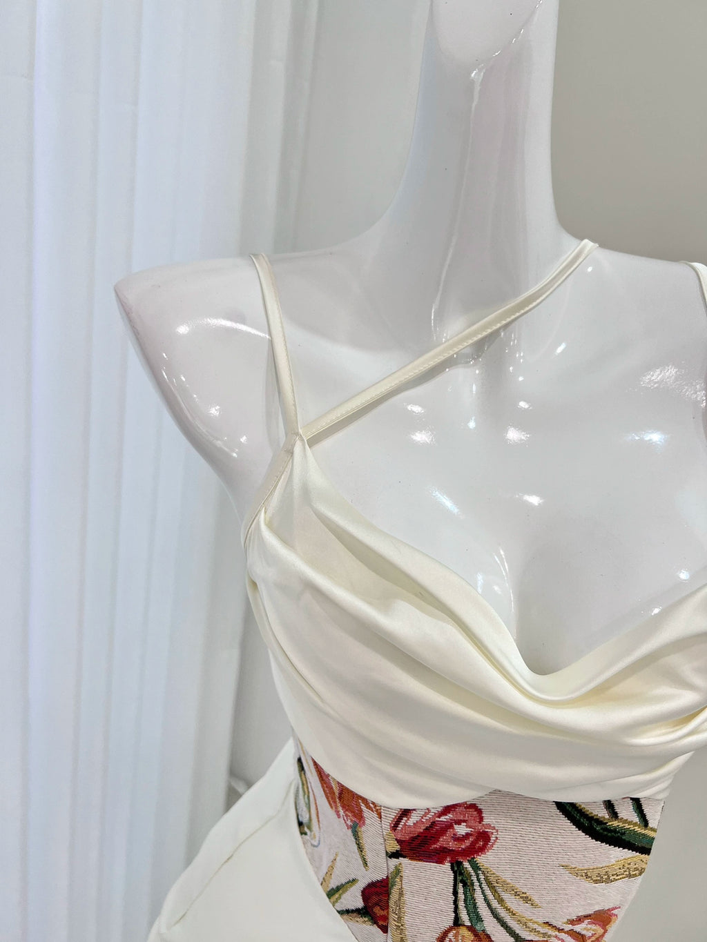 white print satin suspenders dress