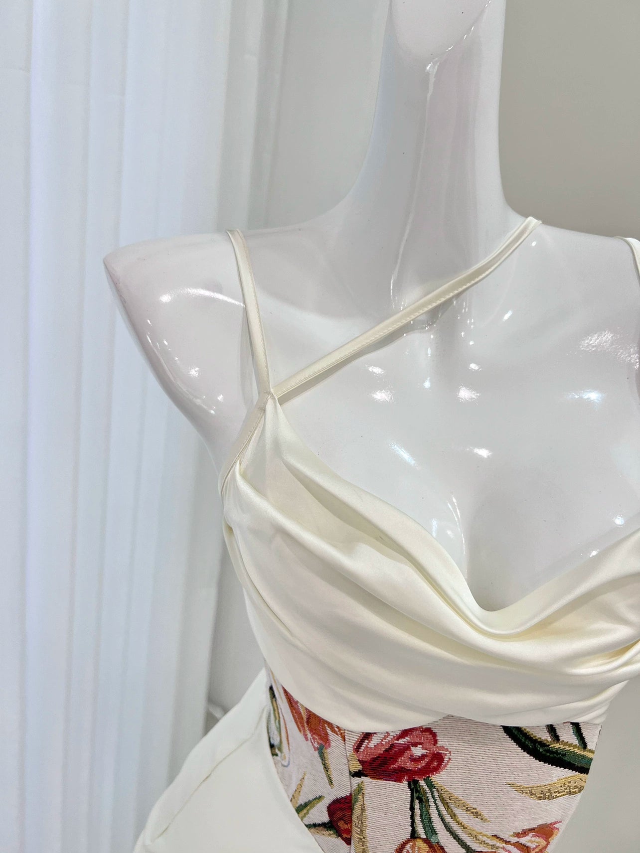 white print satin suspenders dress