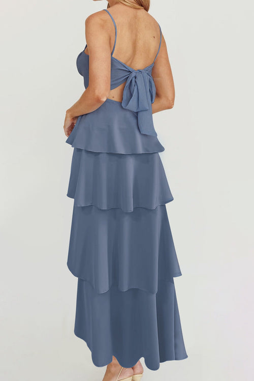 Backless halter pleated tie dress