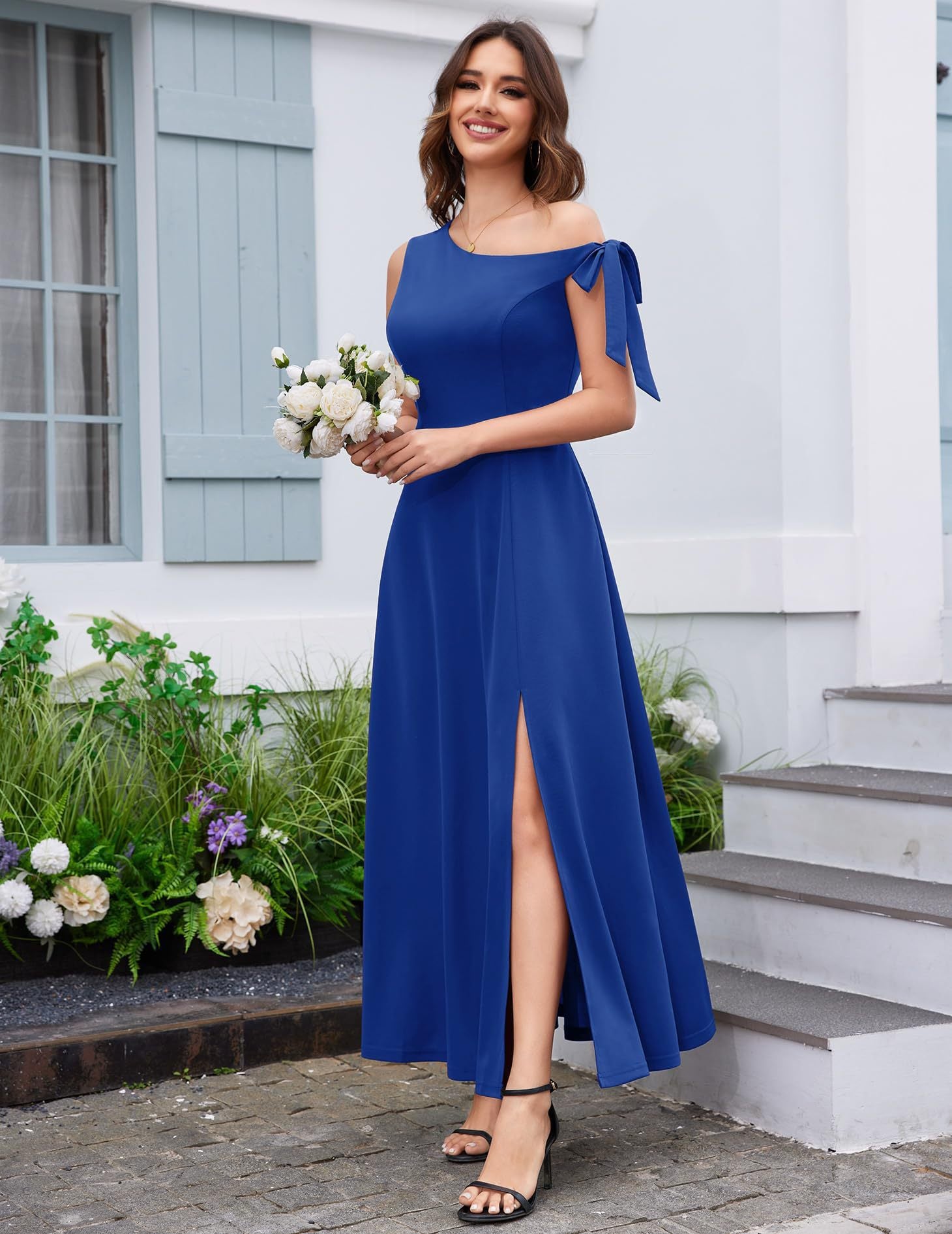 blue Slanted Shoulder Strap Slit Dress