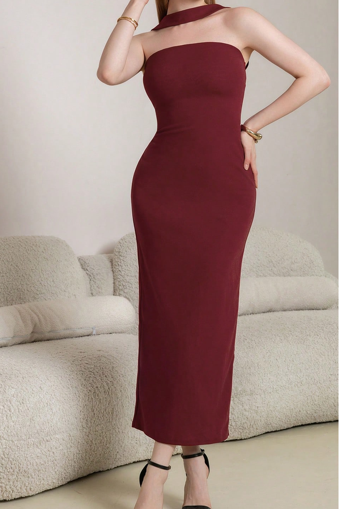 red halterneck suspender red bandeau midi dress