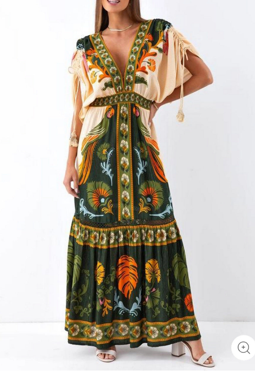 V-neck printed linen maxi dress