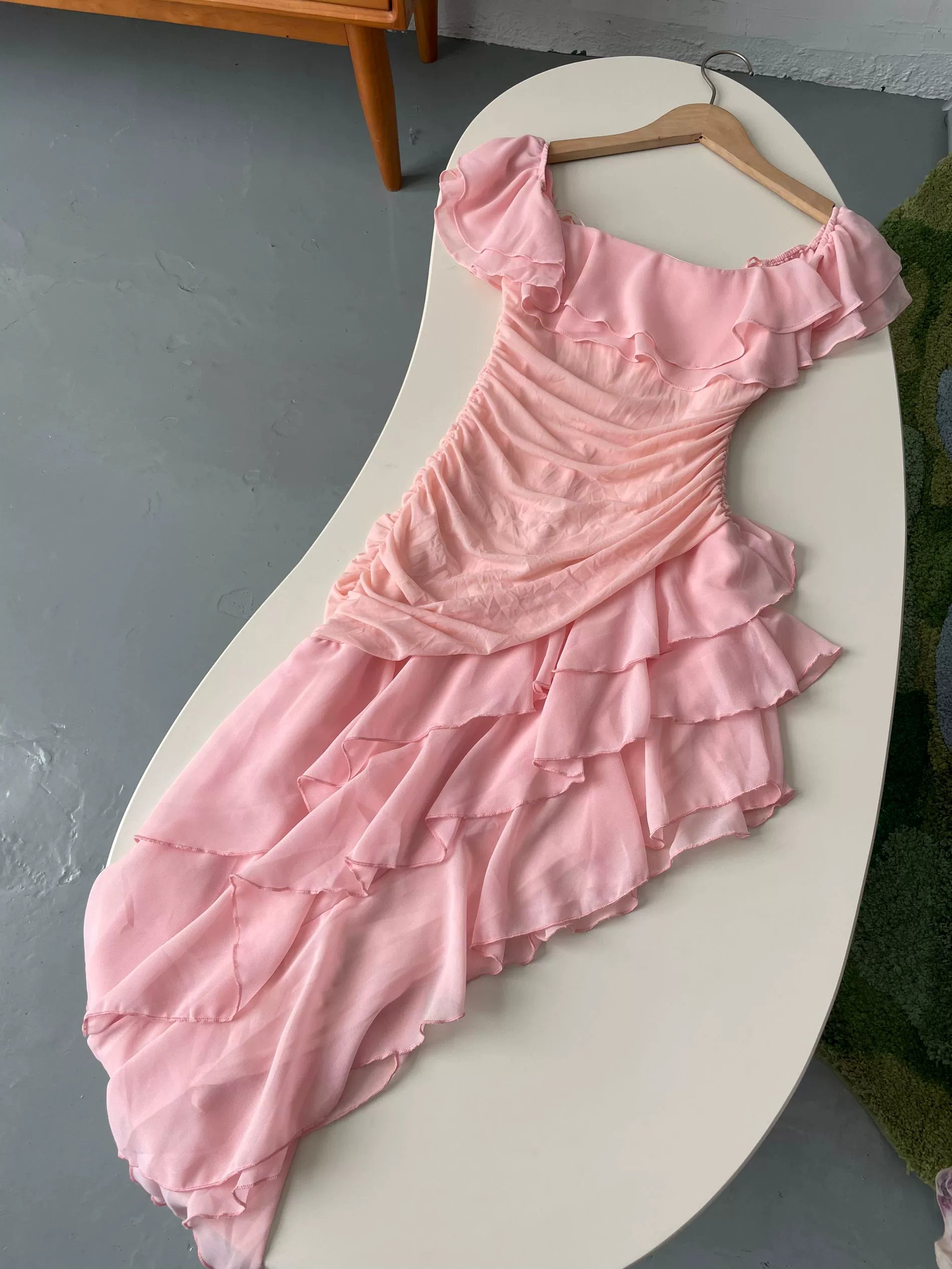 pink ruffle one shoulder mini dress