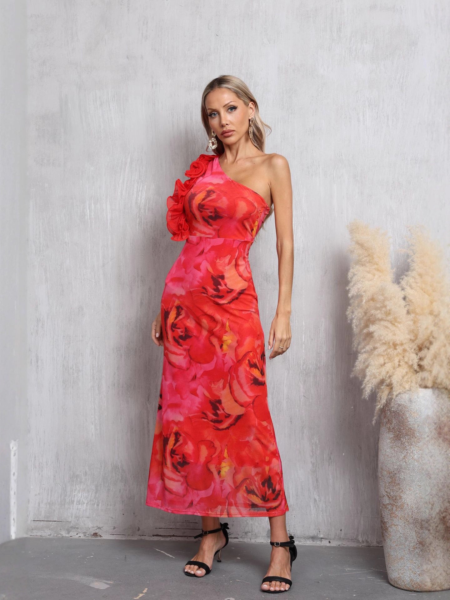 red sleeveless slanted shoulder floral printed dress