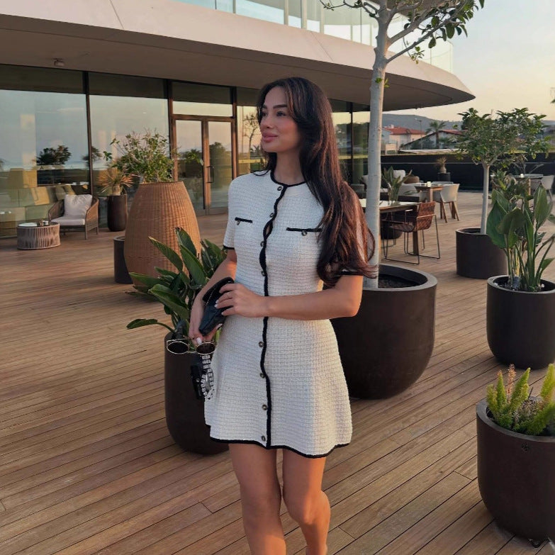 white knitted short-sleeved button-down  mini dress