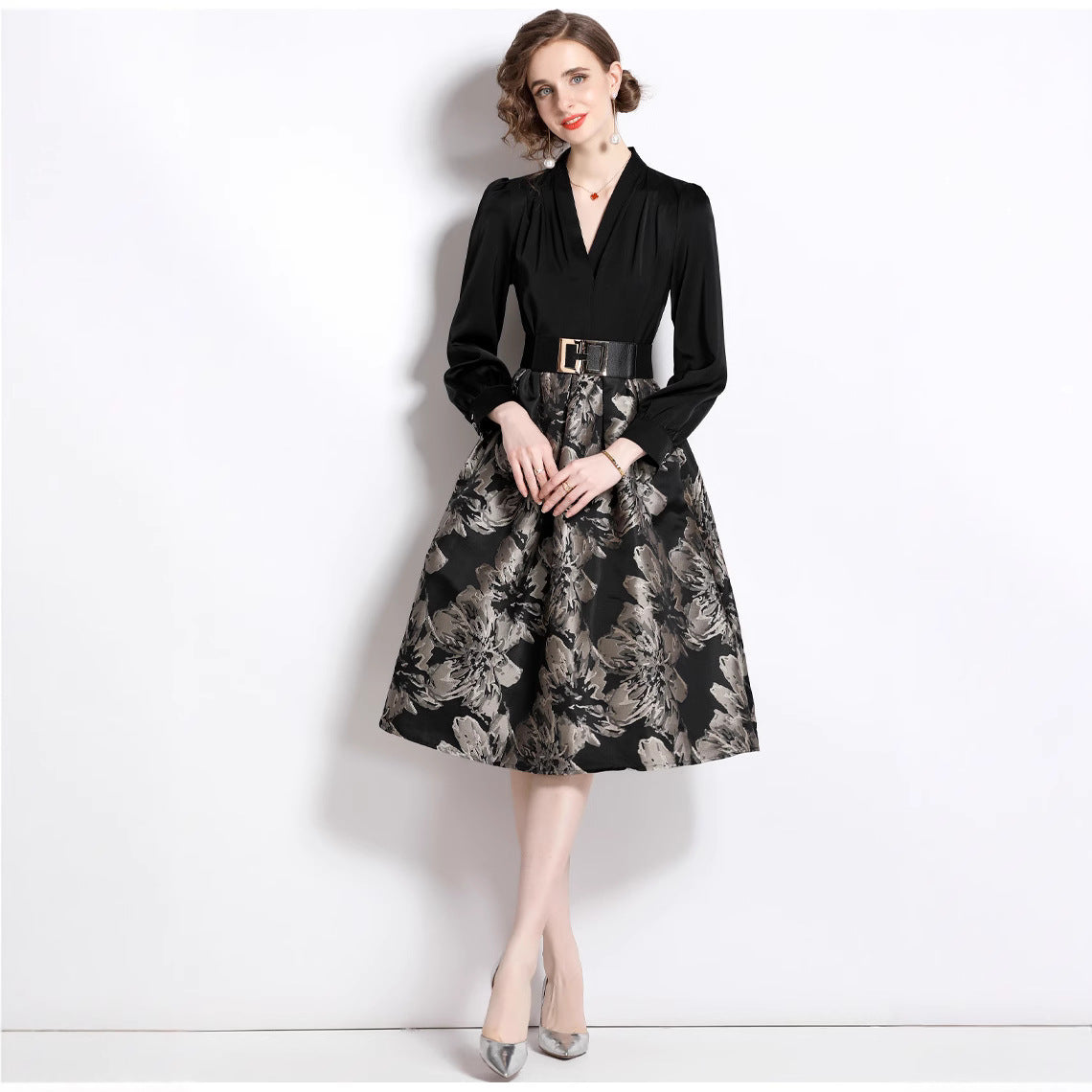 Deep V-neck patchwork jacquard puffy maxi dress