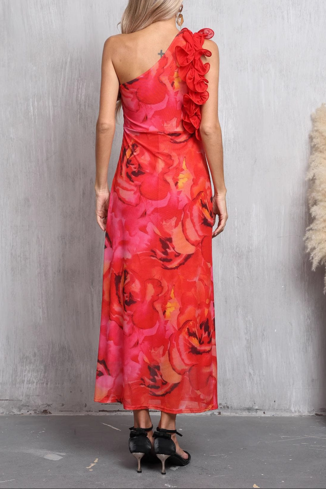 red sleeveless slanted shoulder floral printed dress