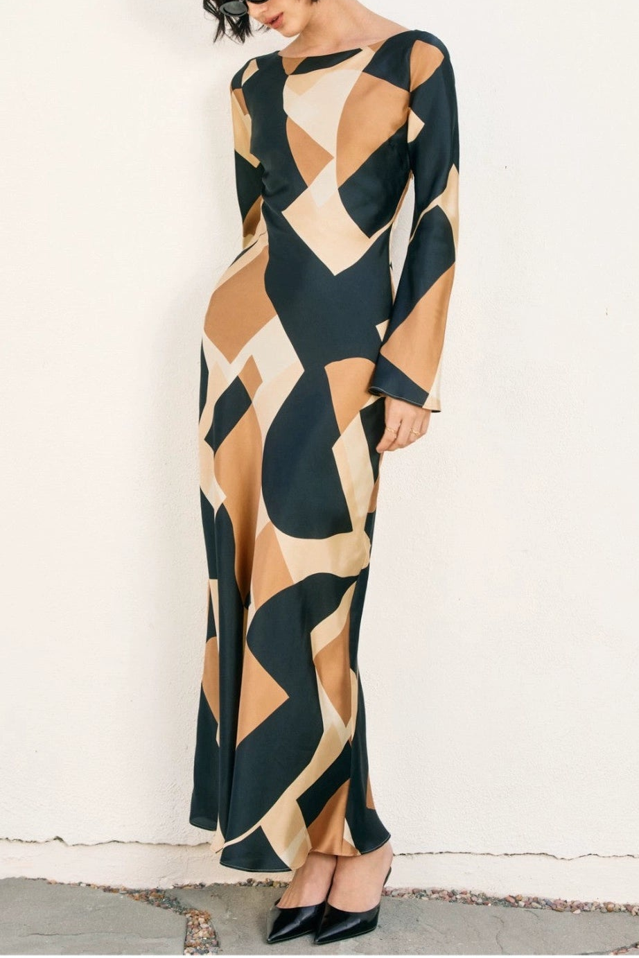 block satin flared sleeve midi dress