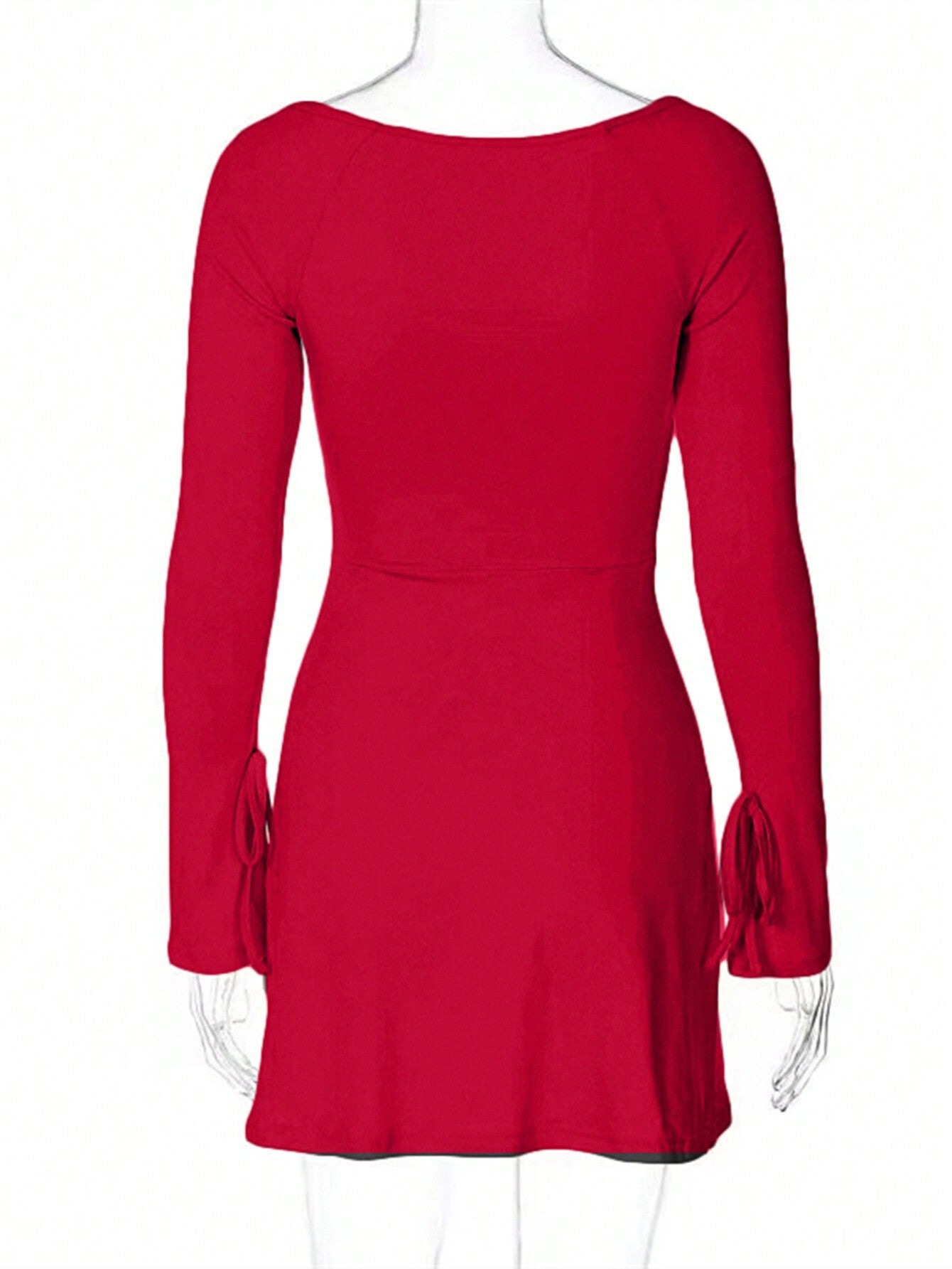 Square neck red high-waisted A-line slit mini dress