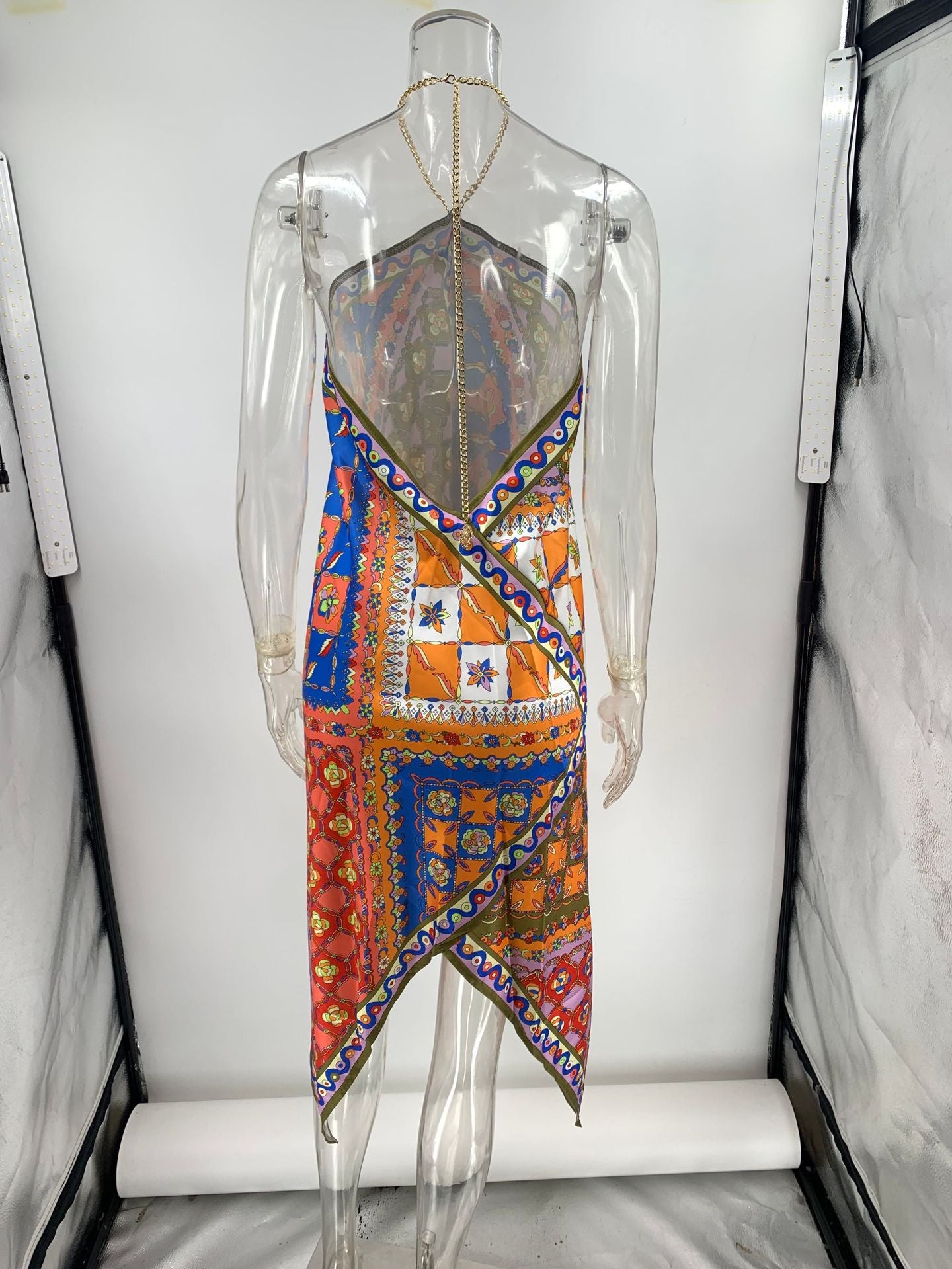 Printed satin backless halter neck dress