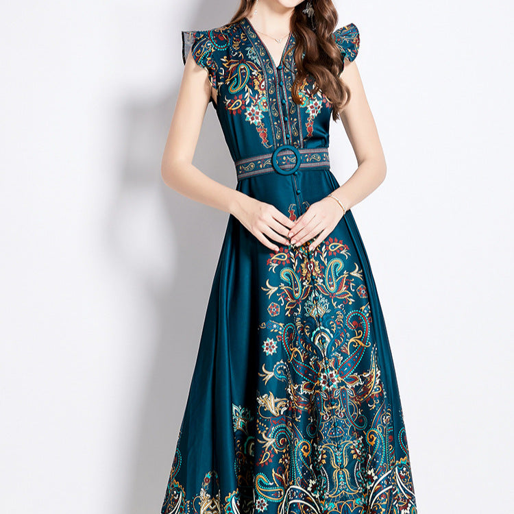 Printed V-neck lantern sleeve single-breasted dress