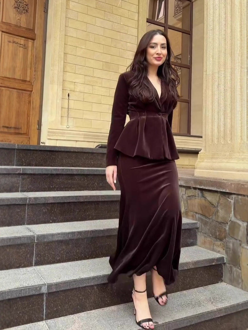 brown Long Sleeve Long Skirt Set