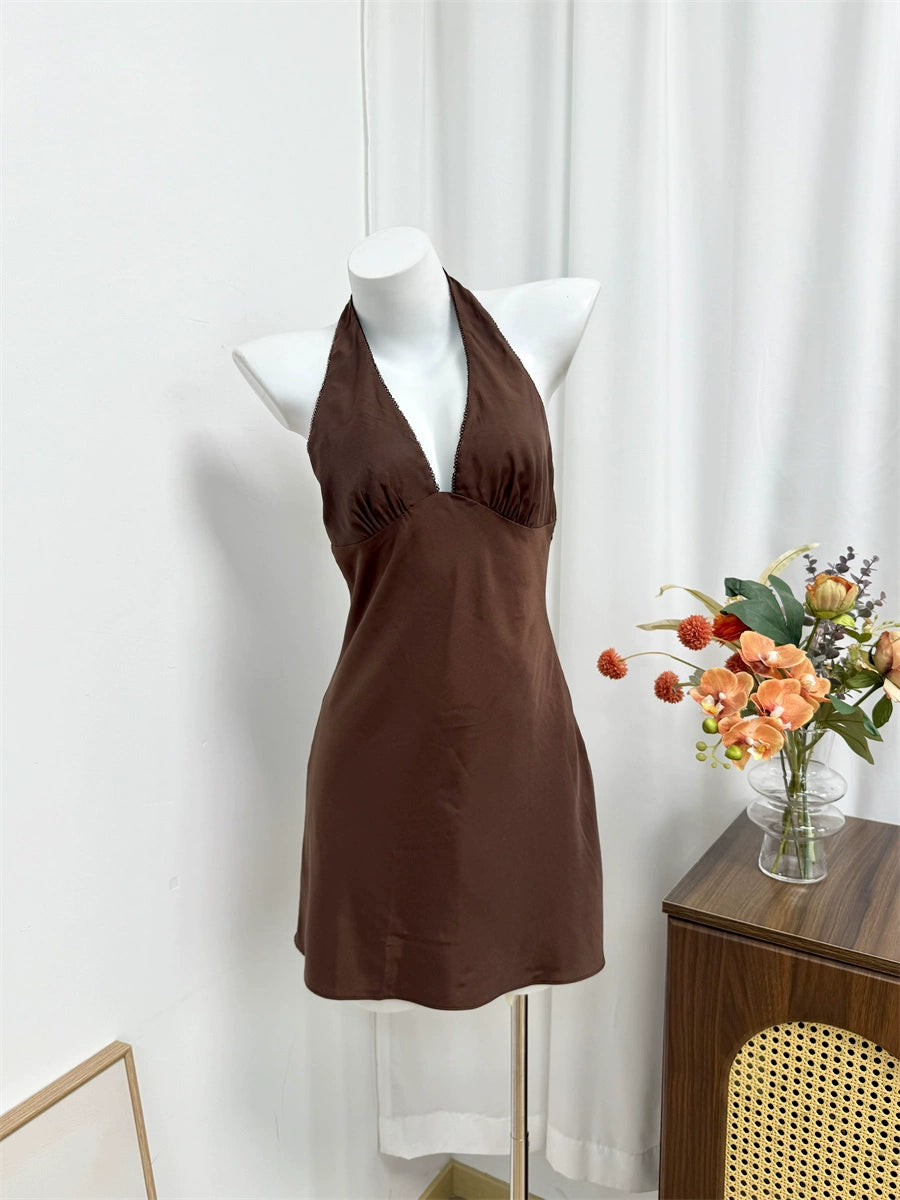 brown deep V halterneck backless satin mini dress
