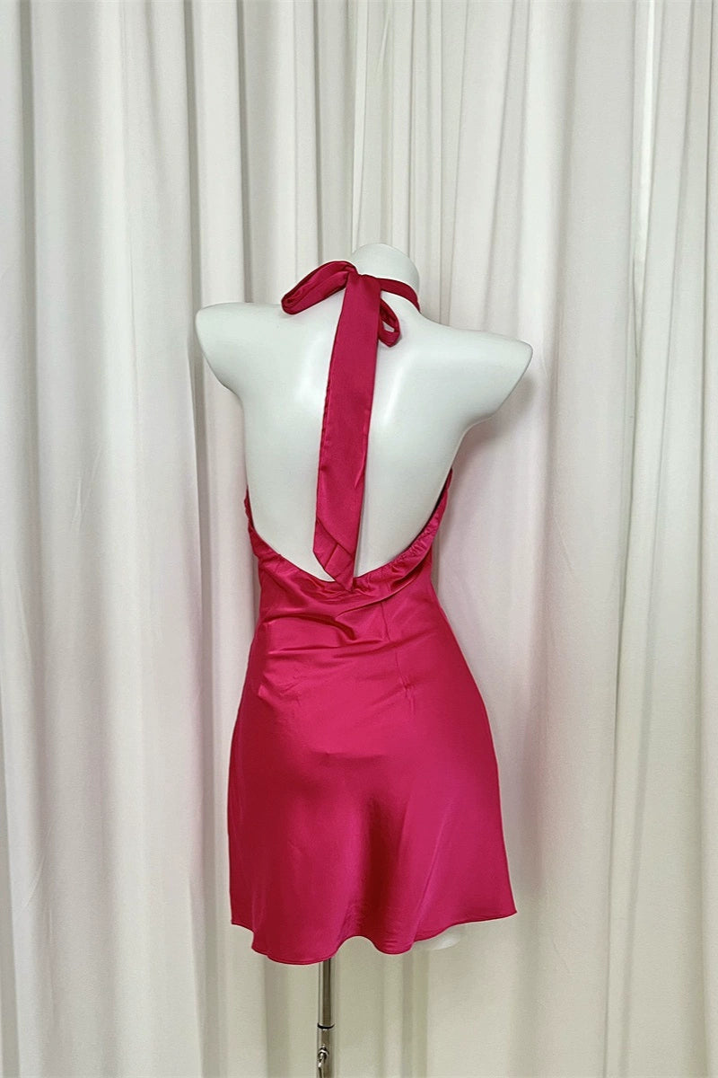 open back waist crossed halterneck satin dress