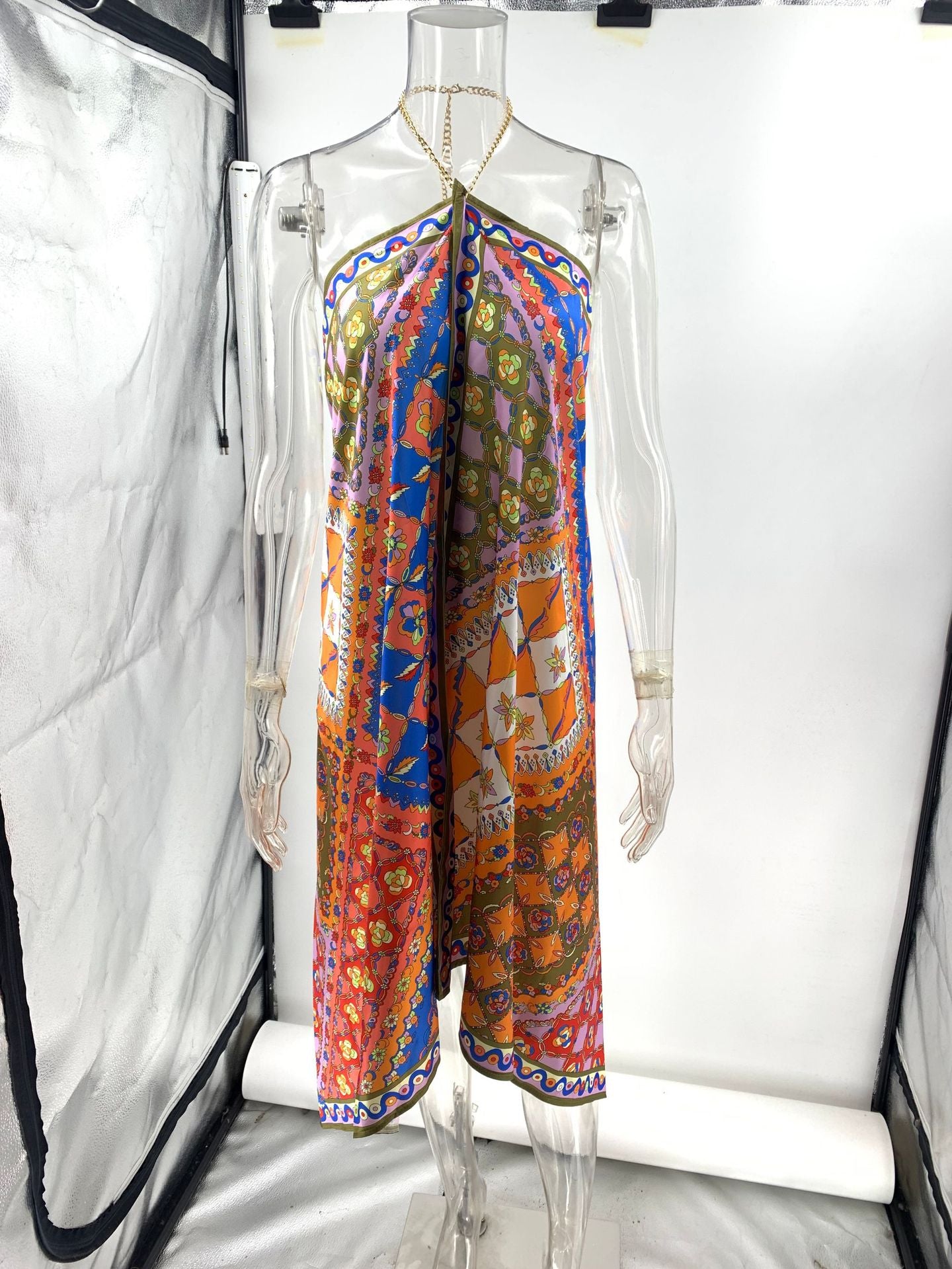 Printed satin backless halter neck dress